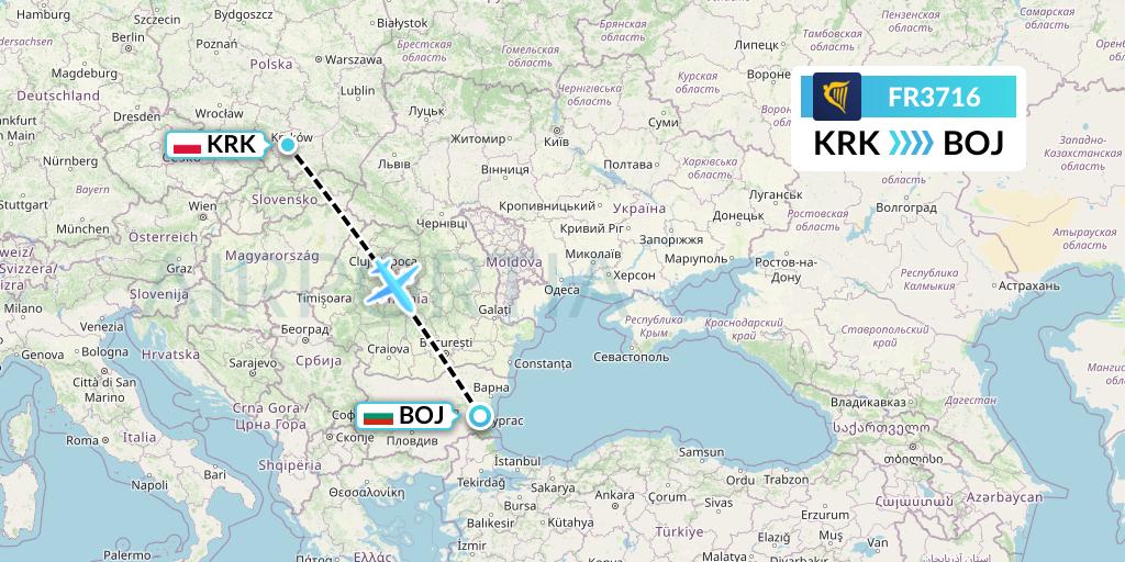 FR3716 Ryanair Flight Map: Krakow to Burgas