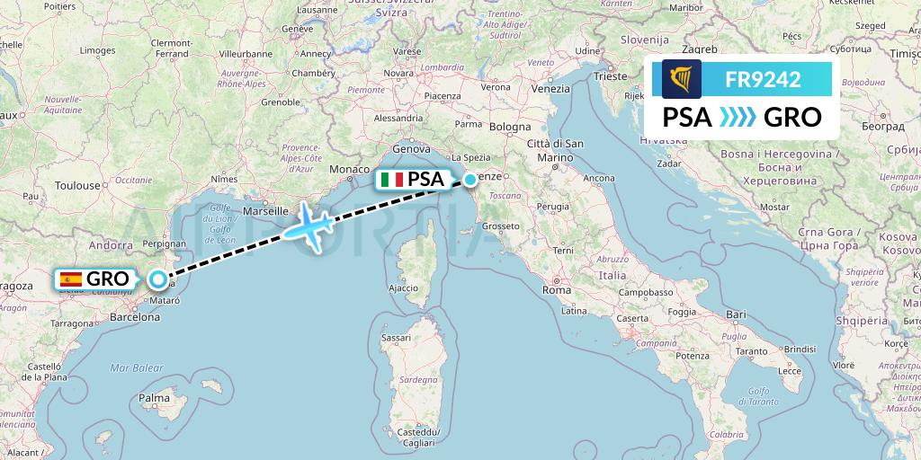 FR9242 Ryanair Flight Map: Pisa to Girona