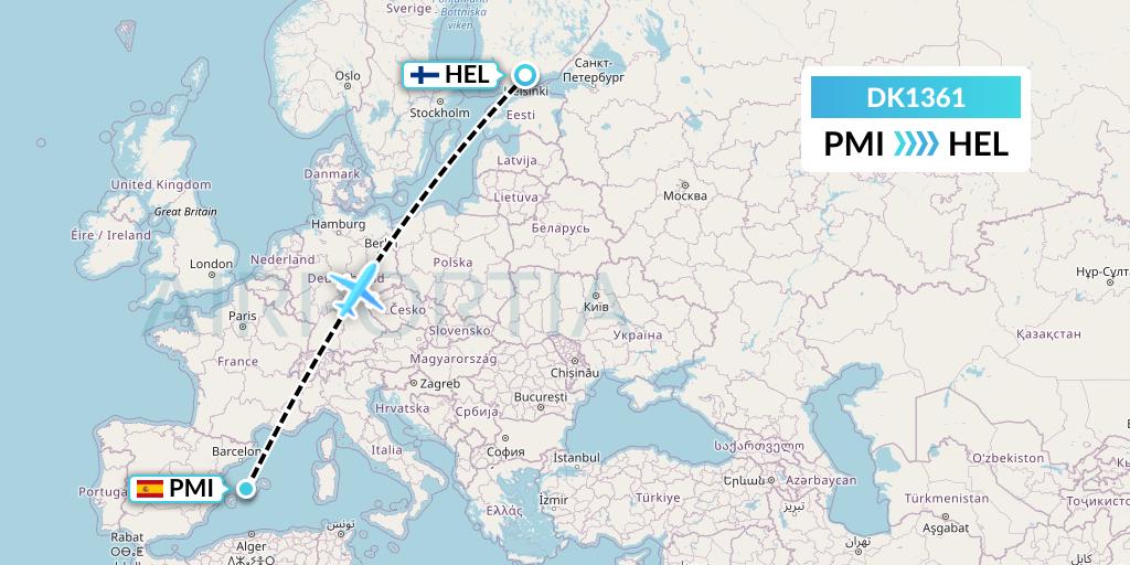 DK1361 Thomas Cook Airlines Scandinavia Flight Map: Palma de Mallorca to Helsinki