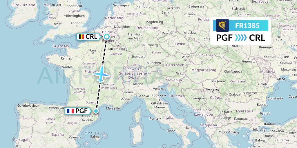 FR1385 Ryanair Flight Map: Perpignan to Brussels