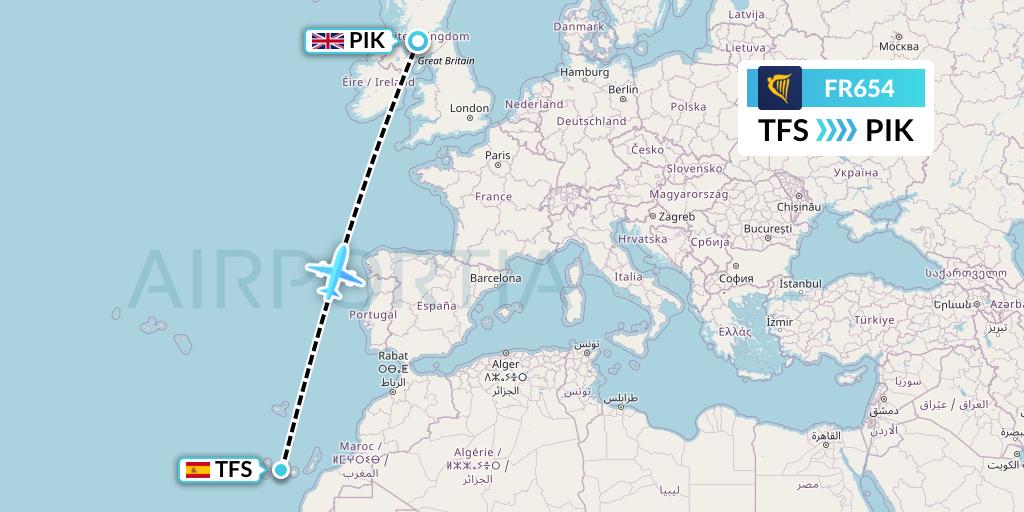 FR654 Ryanair Flight Map: Tenerife to Prestwick