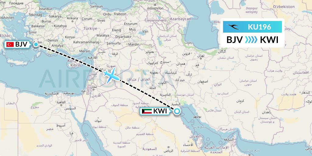 KU196 Kuwait Airways Flight Map: Bodrum to Kuwait City