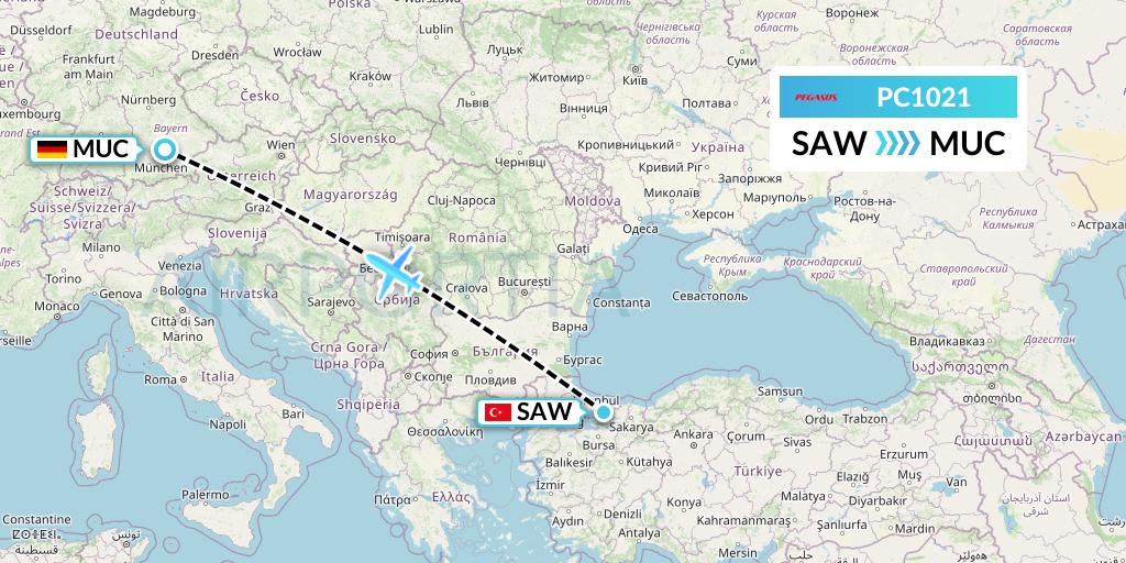 PC1021 Pegasus Airlines Flight Map: Istanbul to Munich