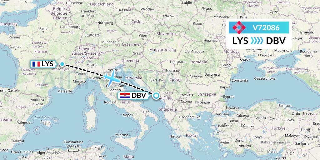 V72086 Volotea Flight Map: Lyon to Dubrovnik