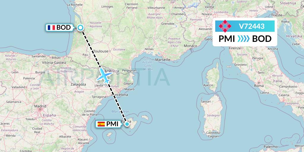 V72443 Volotea Flight Map: Palma de Mallorca to Bordeaux