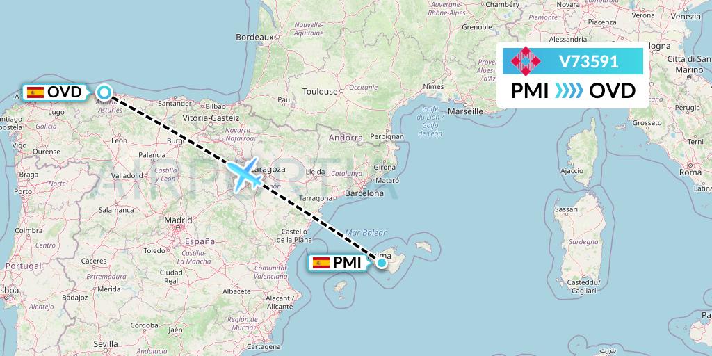V73591 Volotea Flight Map: Palma de Mallorca to Asturias