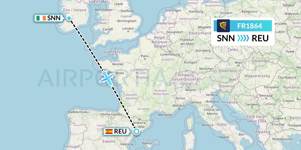 FR1864 Ryanair Flight Map: Shannon to Reus