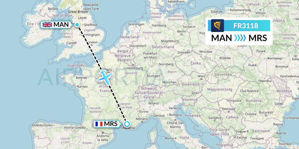 FR3118 Ryanair Flight Map: Manchester to Marseille