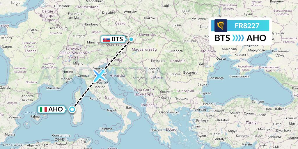 FR8227 Ryanair Flight Map: Bratislava to Alghero