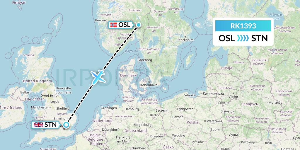 RK1393 Ryanair UK Flight Map: Oslo to London