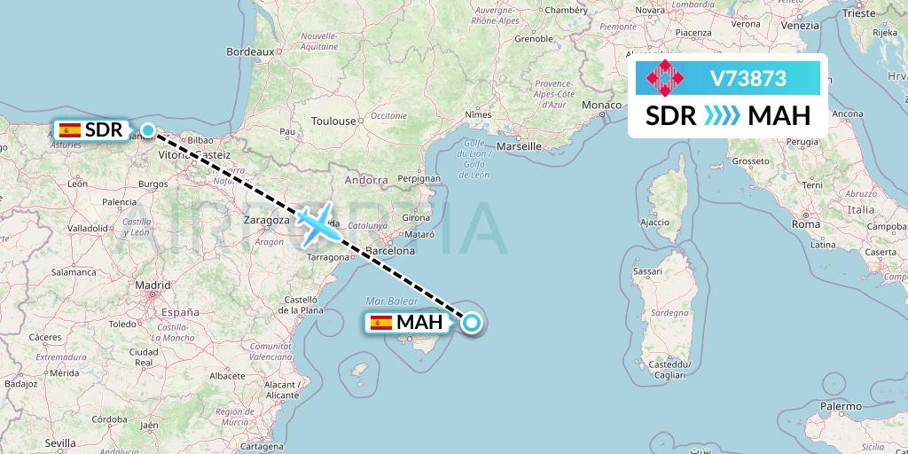 V73873 Volotea Flight Map: Santander to Mahon