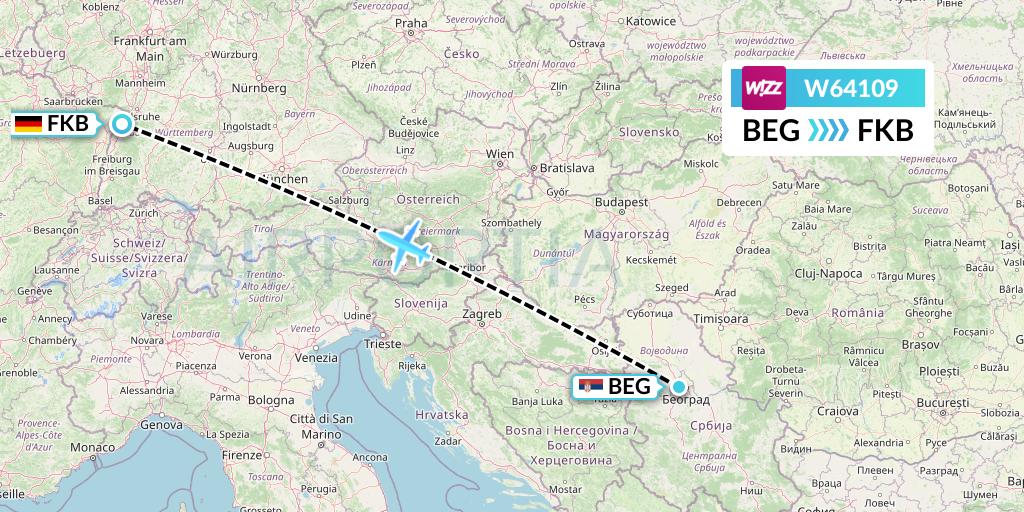 W64109 Wizz Air Flight Map: Belgrade to Karlsruhe/Baden-Baden