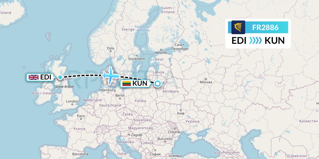 FR2886 Ryanair Flight Map: Edinburgh to Kaunas