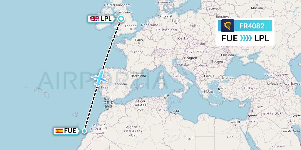 FR4082 Ryanair Flight Map: Fuerteventura to Liverpool