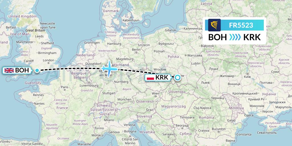 FR5523 Ryanair Flight Map: Bournemouth to Krakow