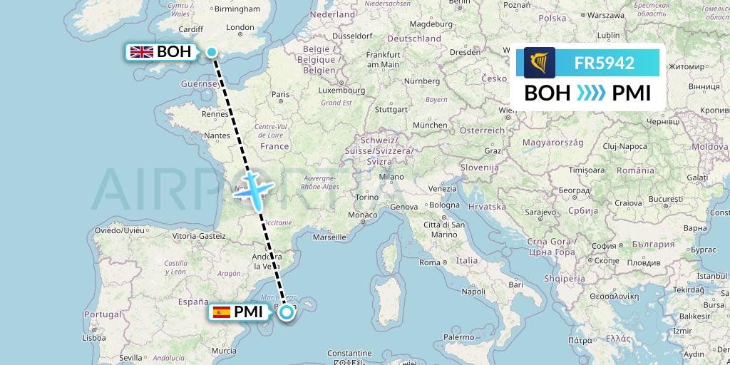 FR5942 Ryanair Flight Map: Bournemouth to Palma de Mallorca