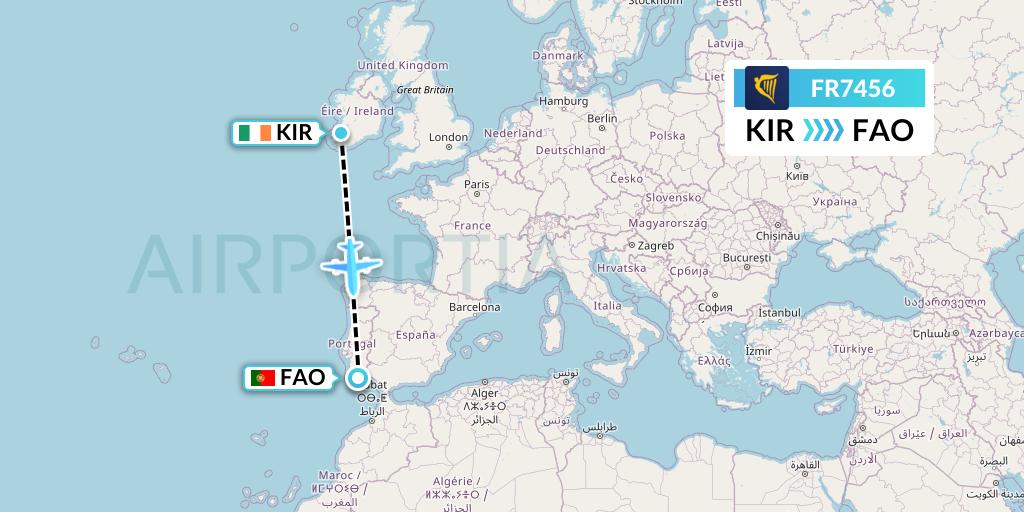 FR7456 Ryanair Flight Map: Kerry to Faro