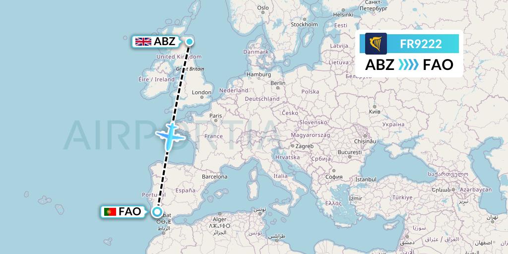FR9222 Ryanair Flight Map: Aberdeen to Faro