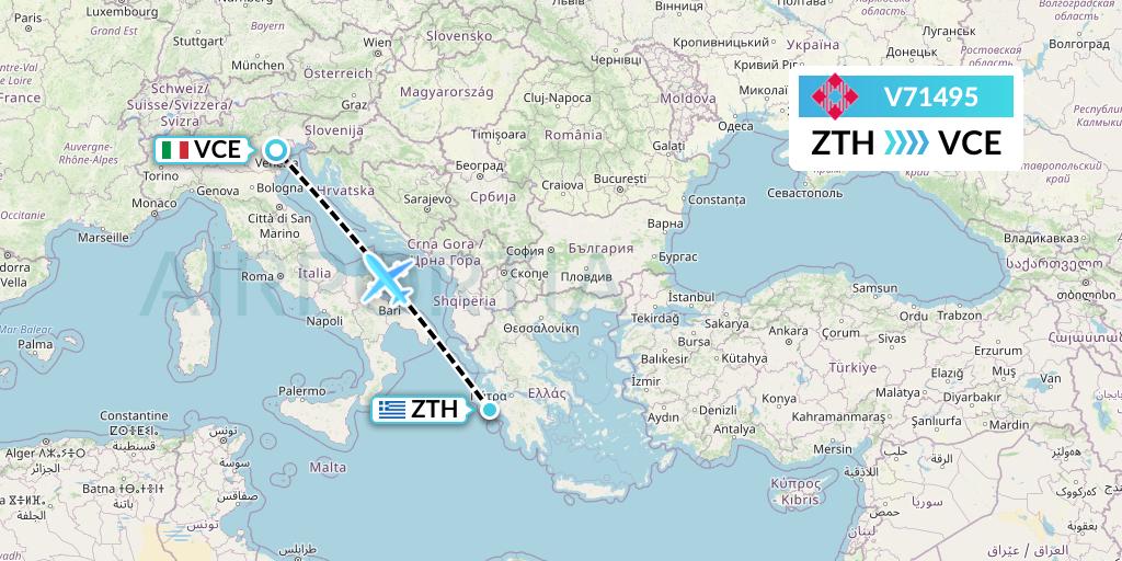 V71495 Volotea Flight Map: Zakynthos to Venice