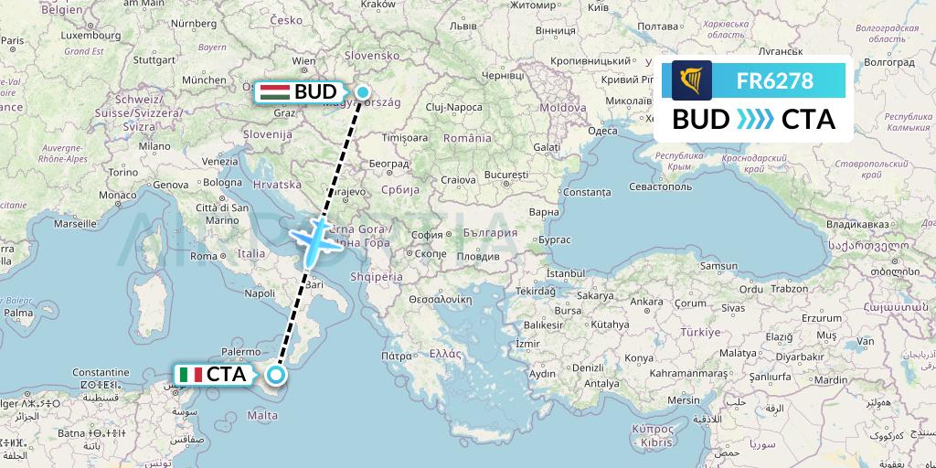 FR6278 Ryanair Flight Map: Budapest to Catania