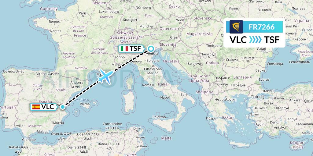 FR7266 Ryanair Flight Map: Valencia to Treviso