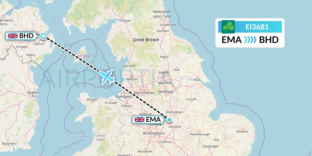 EI3681 Aer Lingus Flight Map: East Midlands to Belfast