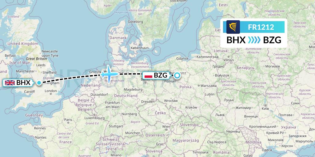 FR1212 Ryanair Flight Map: Birmingham to Bydgoszcz
