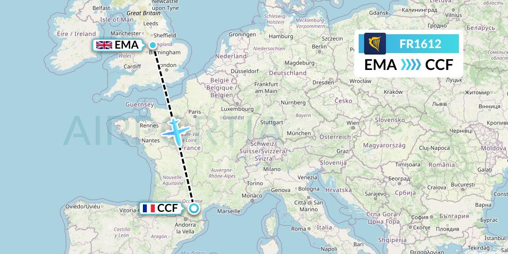 FR1612 Ryanair Flight Map: East Midlands to Carcassonne