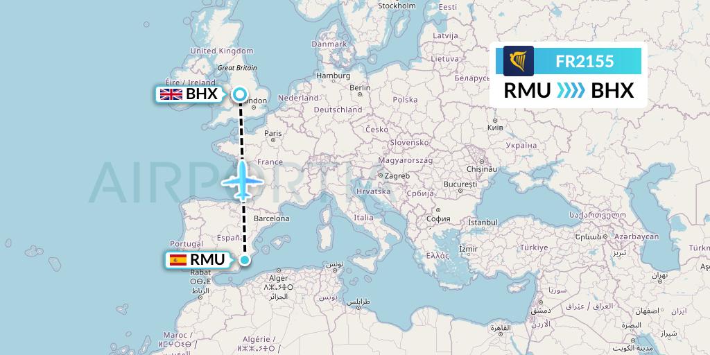 FR2155 Ryanair Flight Map: Murcia to Birmingham