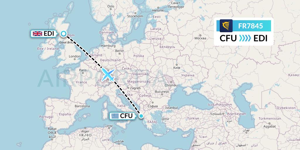 FR7845 Ryanair Flight Map: Corfu to Edinburgh