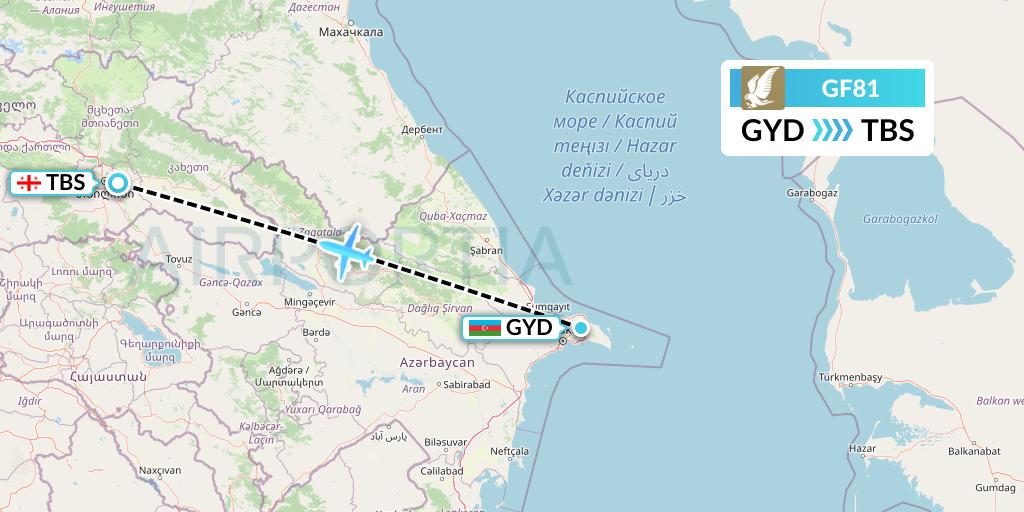 GF81 Gulf Air Flight Map: Baku to Tbilisi