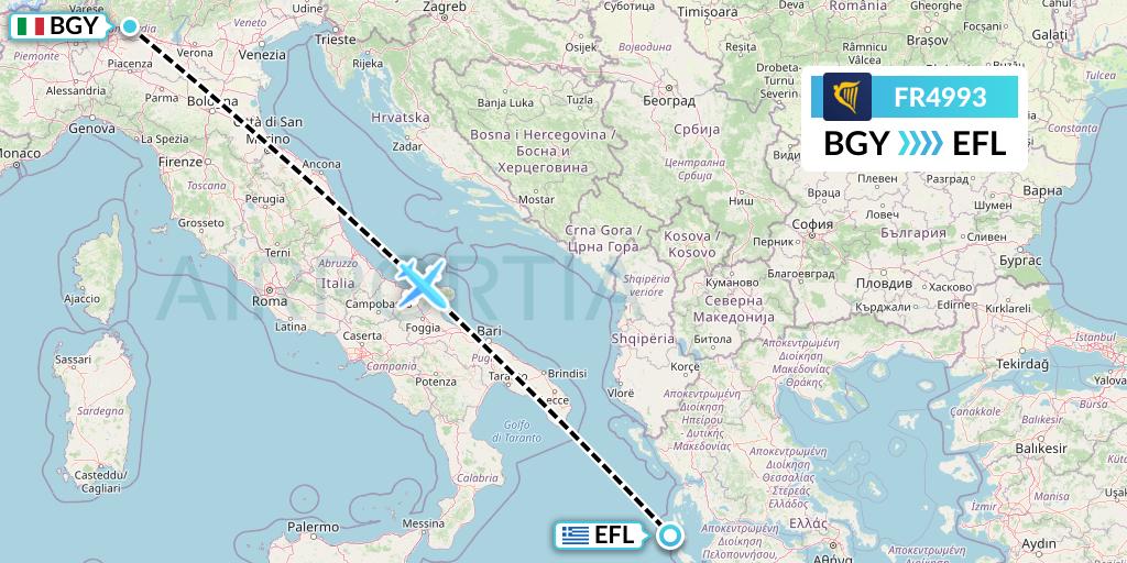 FR4993 Ryanair Flight Map: Milan to Kefalonia