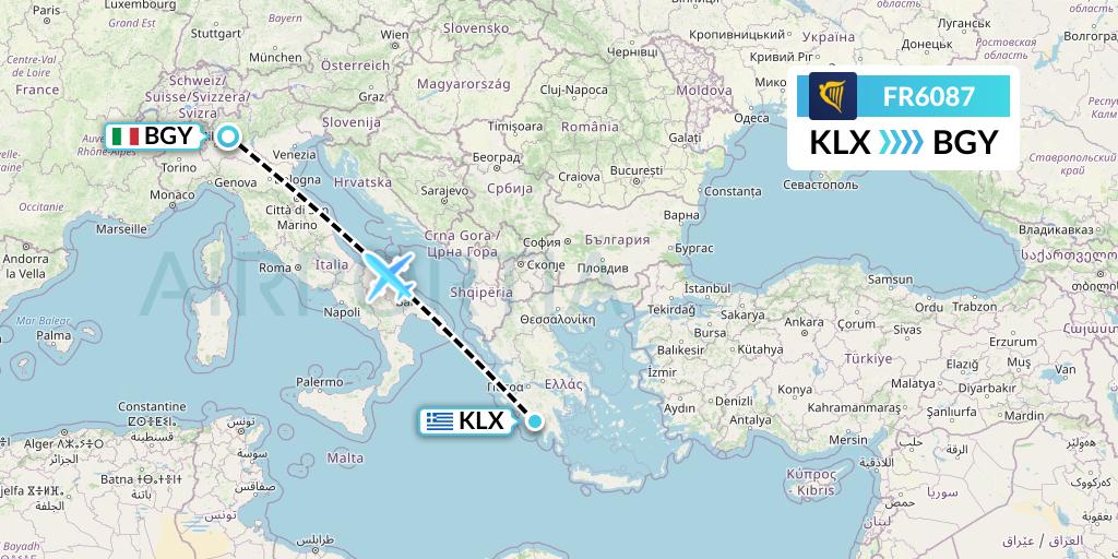 FR6087 Ryanair Flight Map: Kalamata to Milan