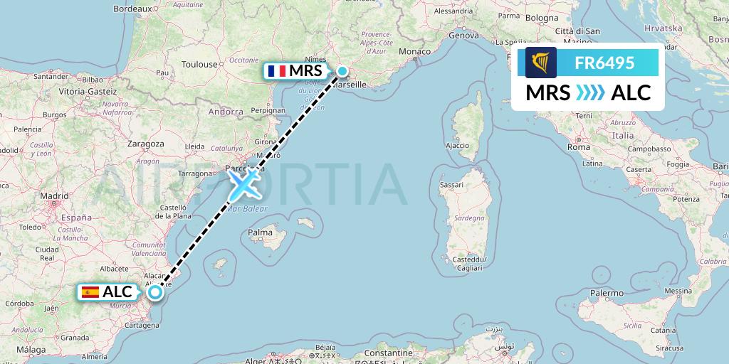 FR6495 Ryanair Flight Map: Marseille to Alicante