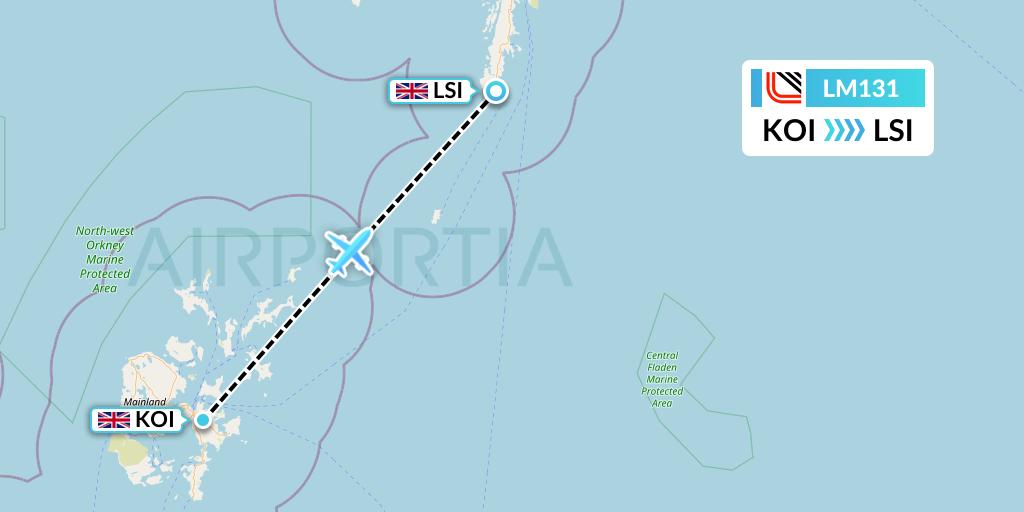 LM131 Loganair Flight Map: Kirkwall to Sumburgh