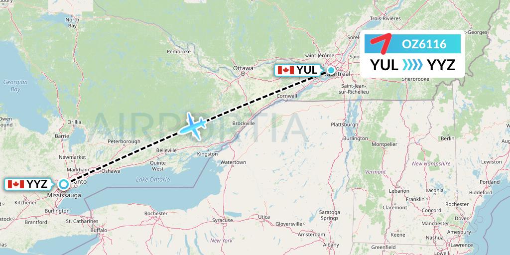 OZ6116 Asiana Airlines Flight Map: Montreal to Toronto