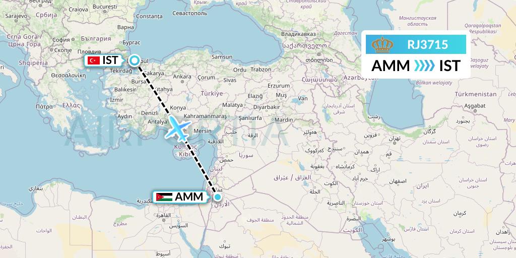 RJ3715 Royal Jordanian Flight Map: Amman to Istanbul