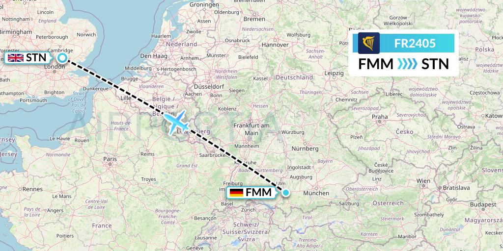 FR2405 Ryanair Flight Map: Memmingen to London