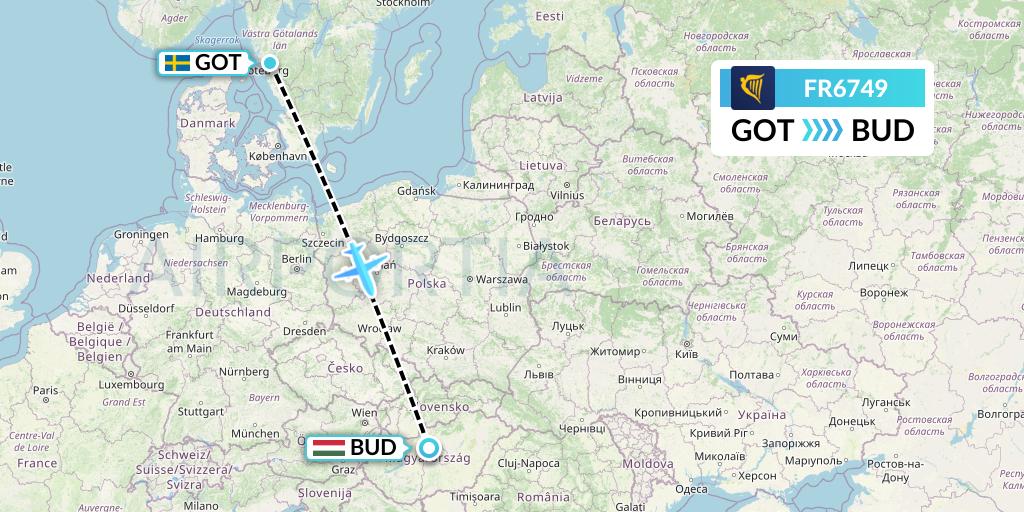 FR6749 Ryanair Flight Map: Gothenburg to Budapest