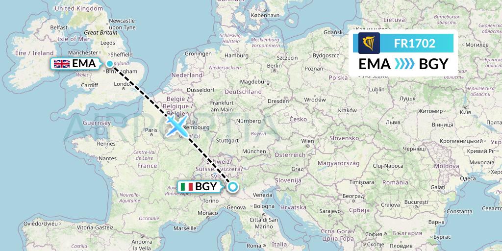 FR1702 Ryanair Flight Map: East Midlands to Milan