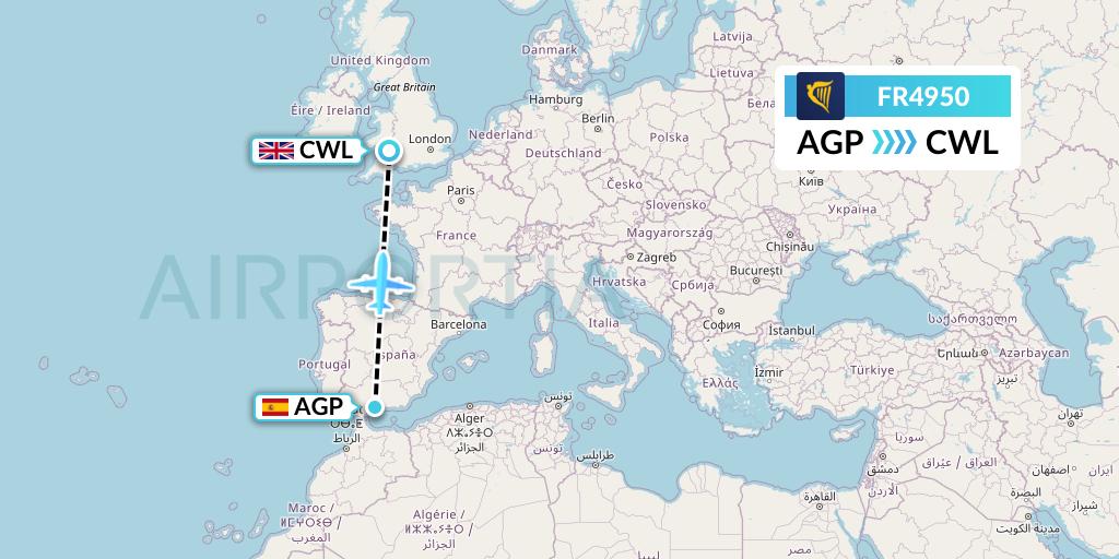 FR4950 Ryanair Flight Map: Malaga to Cardiff