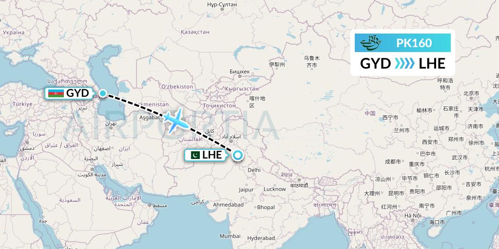 PK160 Pakistan International Airlines Flight Map: Baku to Lahore