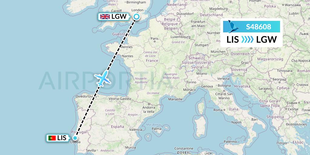 S48608 Azores Airlines Flight Map: Lisbon to London