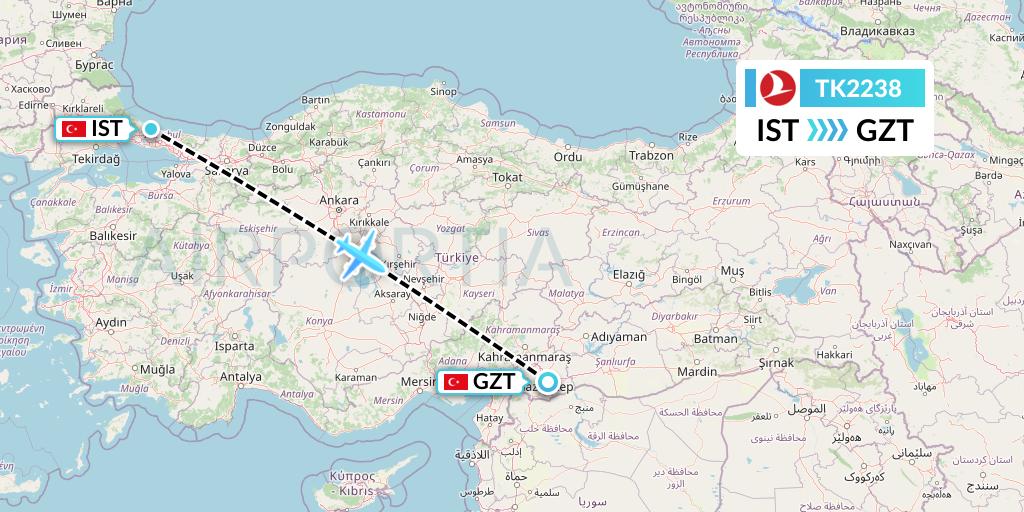 TK2238 Turkish Airlines Flight Map: Istanbul to Gaziantep