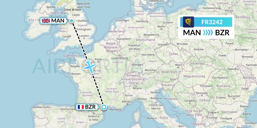 FR3242 Ryanair Flight Map: Manchester to Beziers