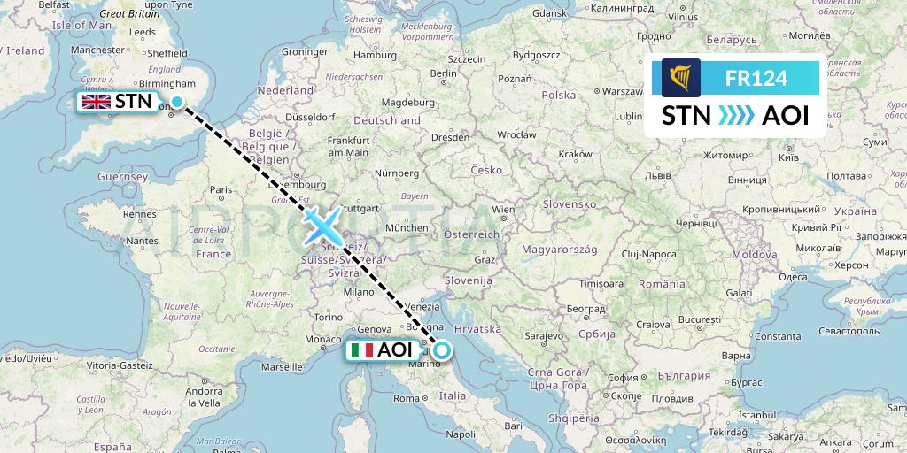 FR124 Ryanair Flight Map: London to Ancona