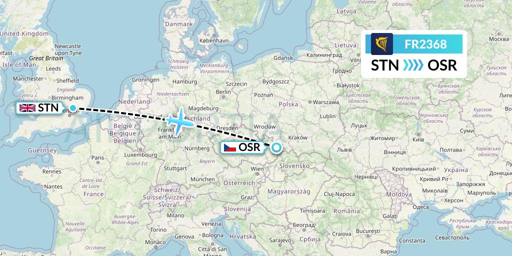 FR2368 Ryanair Flight Map: London to Ostrava