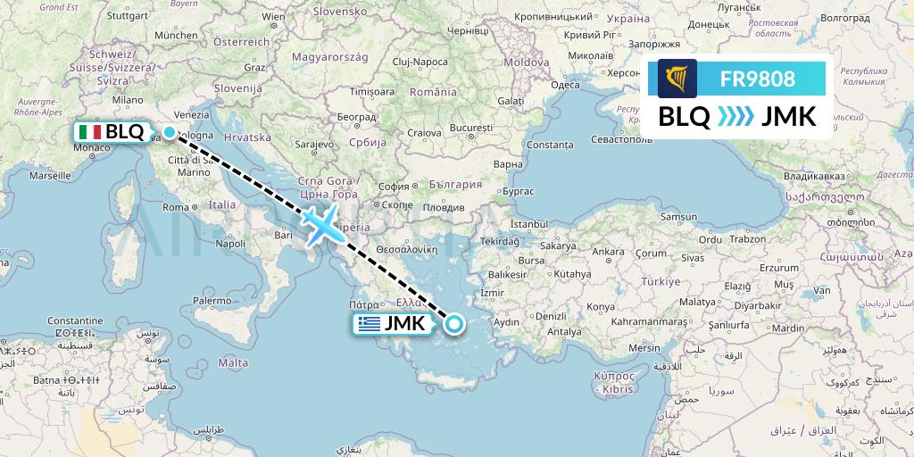 FR9808 Ryanair Flight Map: Bologna to Mykonos