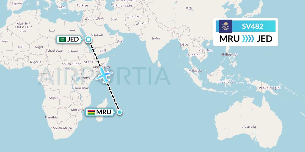 SV482 Saudi Arabian Airlines Flight Map: Port Louis to Jeddah