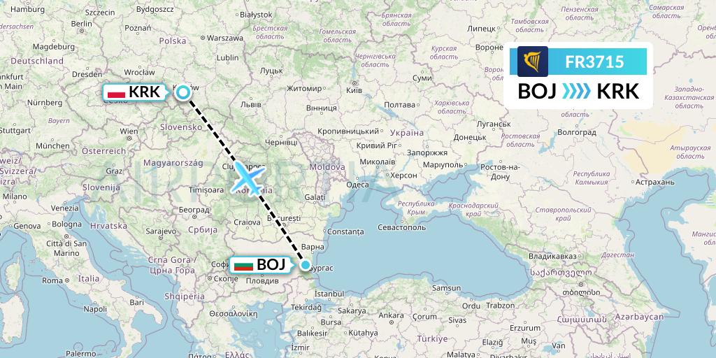 FR3715 Ryanair Flight Map: Burgas to Krakow